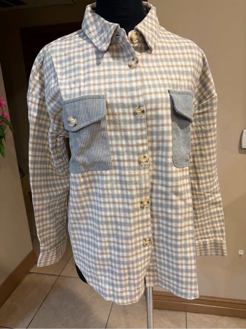 mine Beige and grey Plaid Button-Down Shirt with Corduroy Pockets